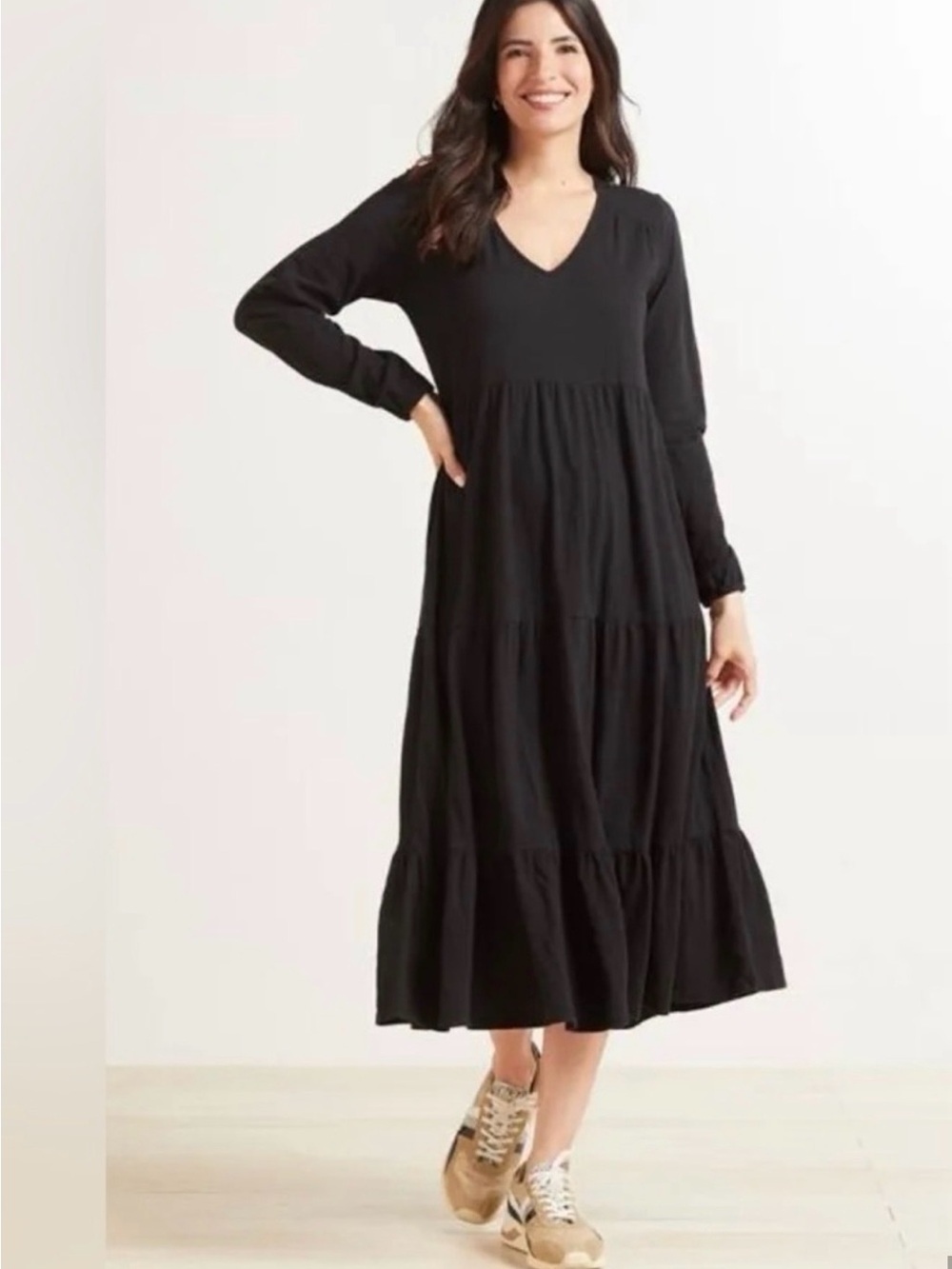 Z Supply Black Long Sleeve Tiered V-Neck Maxi Dress